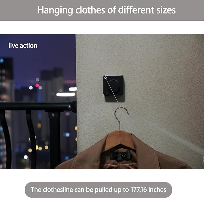 Indoor Retractable Clothesline,Wall-Mounted Heavy Duty Laundry Line,Stainless Steel Line Material,Non-Sagging Design,14 Feet Outdoor Clothes Drying Line(Black)