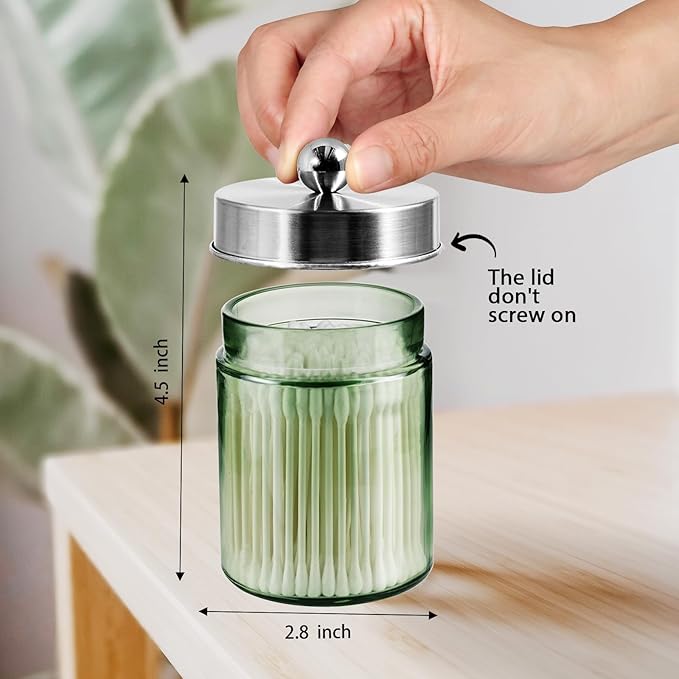 Amolliar Sage Green Qtip Holder, Glass Apothecary Jar Metal Lid & Sticker, Bathroom Qtip Dispenser Storage Canister, Perfect for Cotton Balls Swabs, Round Pads, Bath Salt, Floss, Brushed Nickel 4 Pack