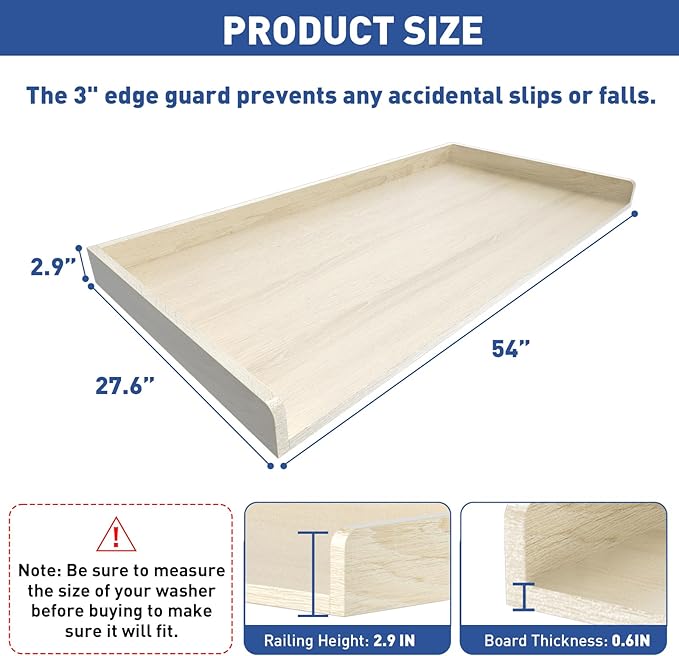 Washer Dryer Countertop: 27.5" x 54" Laundry Topper for Washer and Dryer - Non-Slip Washer and Dryer Countertop with Safety Edge - Laundry Room Organization (Wood)