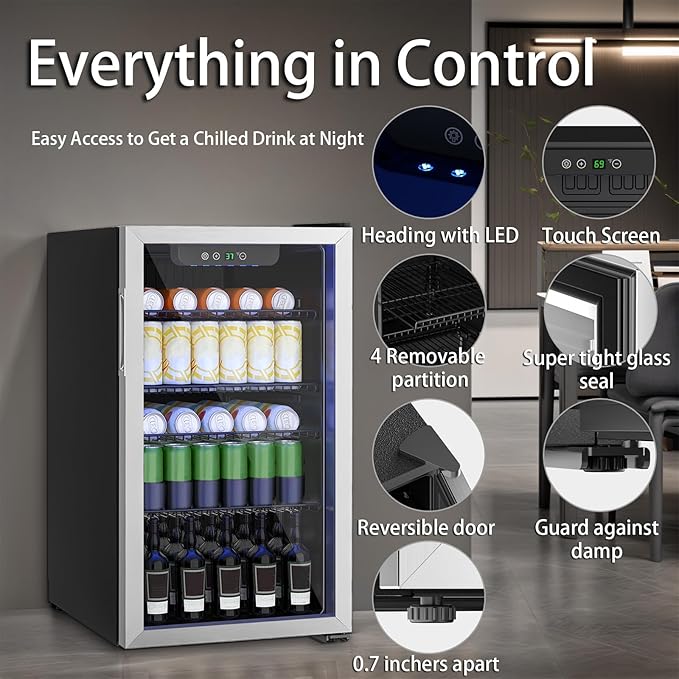 Compact 126 Can/3.2 Cu.Ft Mini Fridge For Soda, Beer Or Wine, Portable Small Beverage Refrigerator With Digital Display&Removable Shelves &Reversible Glass Front Door For Office, Dorm, Bar