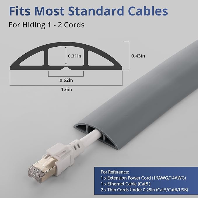 ZhiYo 5.6ft Cord Covers for Wires on Floor, Cord Hider Floor Hide Extension Cords, Soft PVC Cable Cover Cable Protector, Wire Cavity W0.62in H0.31in, Gray