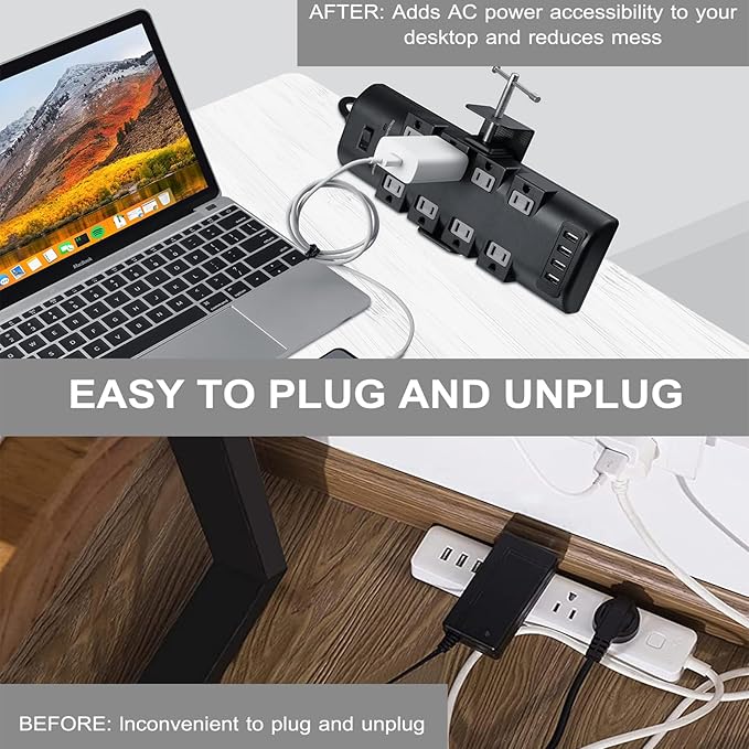 Desk Clamp for Power Strip - Removable Holder for Desk Edge - Sturdy Table Mount - Fits 2.55" to 4.13" Width - Black