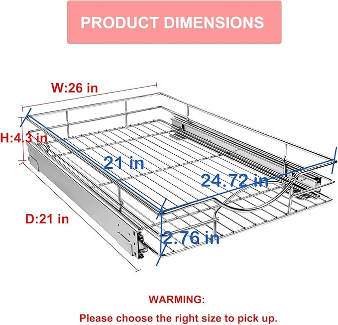 Pull Out Cabinet Organizer 26" W x 21" D, Heavy Duty Kitchen Cabinet Pull Out Shelves, Slide Out Wire Basket for Kitchen Cabinets, Bathroom, Pantry, Chrome Finish