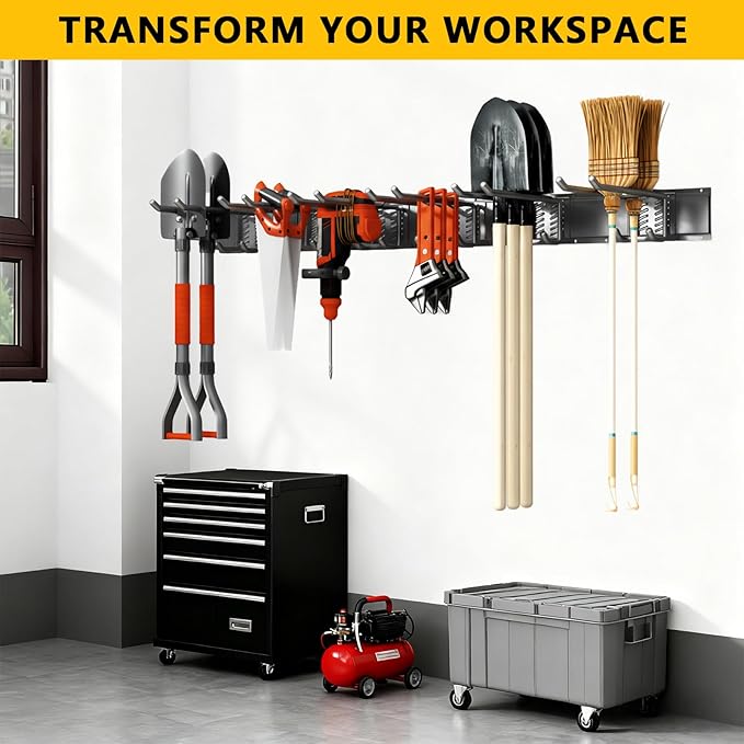 Garage Tool Organizer Wall Mount, 48inch Heavy-Duty Garage Storage System and Garden Tool Organizer with 9 Adjustable Hooks for Shovel, Snowboard, Yard Tools and Shed