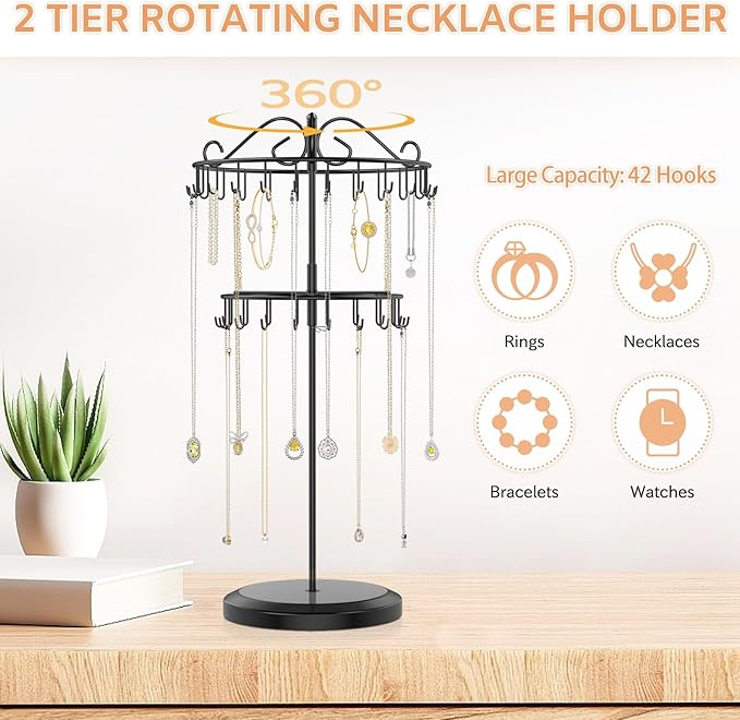 iDavosic.ly 2 Tier Rotating Necklace Holder Organizer with 42 Hooks, Adjustable Metal Bracelet Display Stand Rack, Extra Tall Keychain Spinning Tree Tower for Women, Black