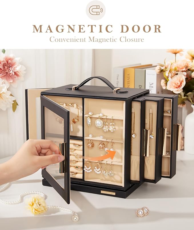 Homde Christmas Gifts Jewelry Box 360° Rotating, Necklace Earring Organizer with Transparent Window, Mirror, 7 Drawers, Large Ring Display Storage Case for Girls Women (Black)