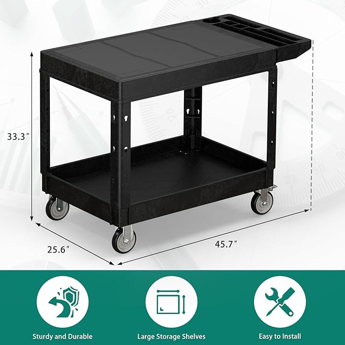 Heavy Duty Utility Rolling Tool Cart, 1000 lbs Capacity Flat Top Plastic Rolling Carts with 360°Swivel Wheels, 46 x 25 Inch Service Cart, 2 Shelf Work Cart for Warehouse,Garage, Cleaning, Black