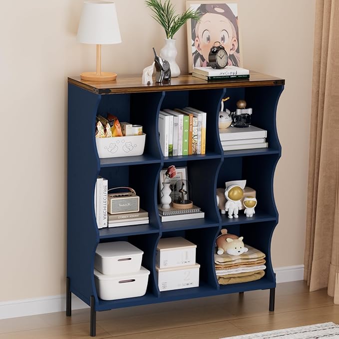 9 Cube Storage Shelf Organizer, Low Book Shelf Bookcase Entryway Table, Wood Closet Storage Display Cabinet TV Stand for Living Room, Office,Bedroom, Dorm, Blue with Natural Top