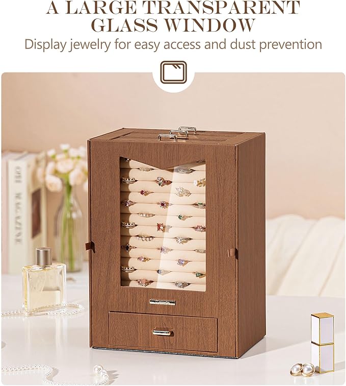 Homde Jewelry Organizer with Transparent Window Necklace Hooks Gift for Women Jewelry Box Display Case for Necklaces Rings Earrings Bracelets and Other Accessories (Brown)