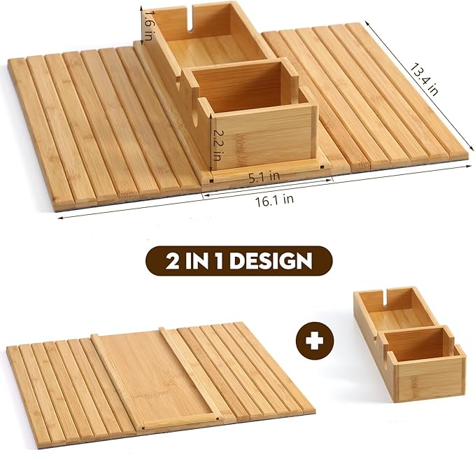 Bamboo Couch Arm Tray with Detachable Cup Holder, 2 in 1 Foldable Anti-Falling Design for Cups, Snacks, Remote, Cellphone