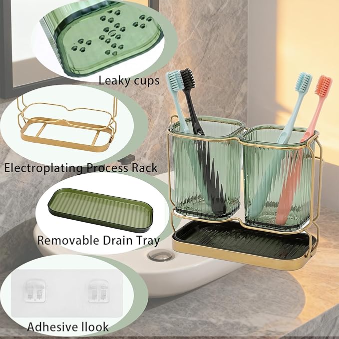 2-Pack Green Toothbrush Holders, Wall Mounted or Countertop Toothbrush Holders with Drain Tray, All-in-One Bathroom Organizers and Storage for Toothpaste, Razors, Family & Kids (Green)