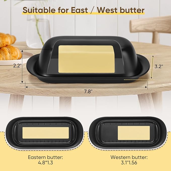 Butter Dish with Lid, Butter Keeper, Easy Scoop,Butter Container Holds for East/West Coast Butter, Dishwasher Safe (Black)