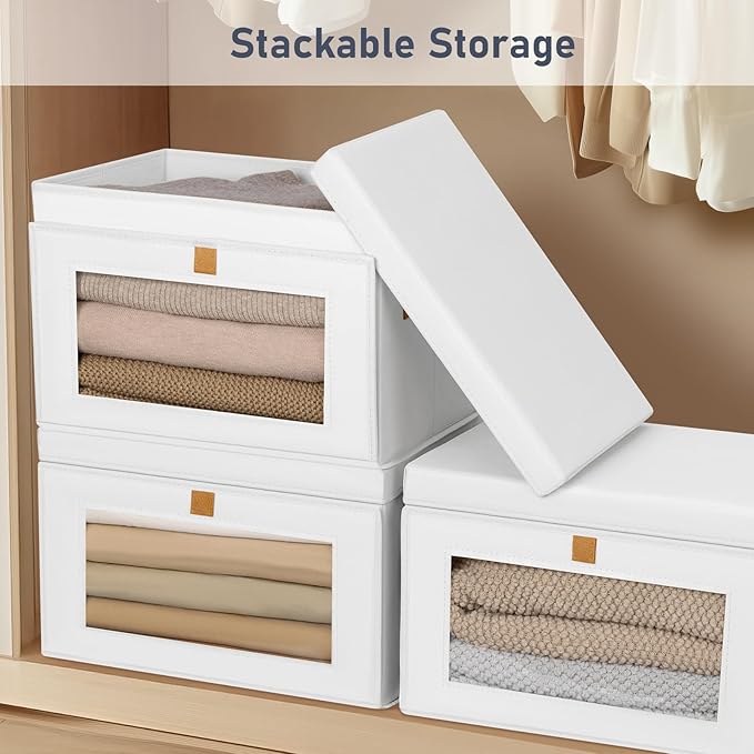 DIMJ Storage Bins with Lids - 6 Pack Large Fabric Closet Organizer with Window & Handles, Collapsible Decorative Storage Boxes for Shelves Under Bed, Books Clothes Blankets Sweaters Organization