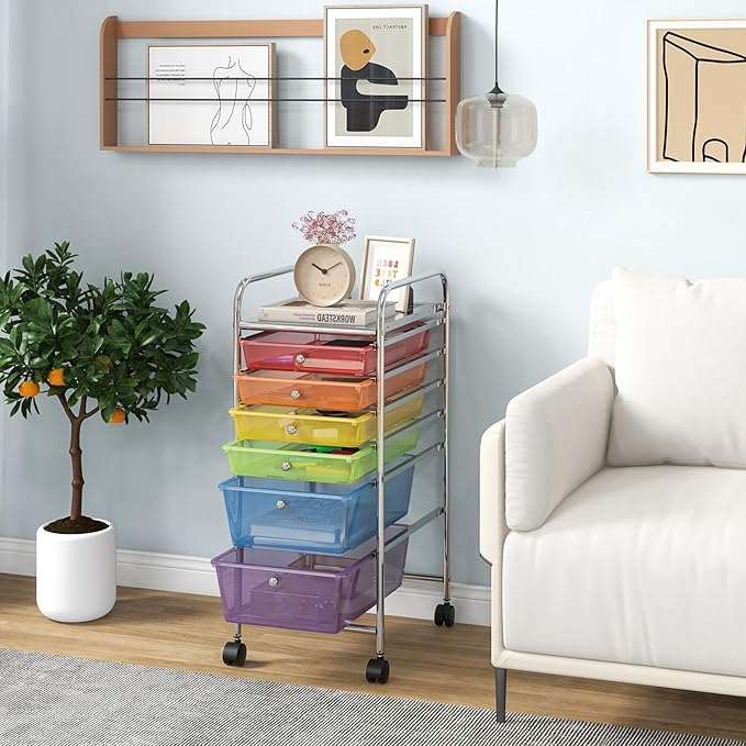 Giantex 6 Storage Drawer Cart Rolling Organizer Cart for Tools Scrapbook Paper Home Office School Multipurpose Mobile Utility Cart (Multicolor)
