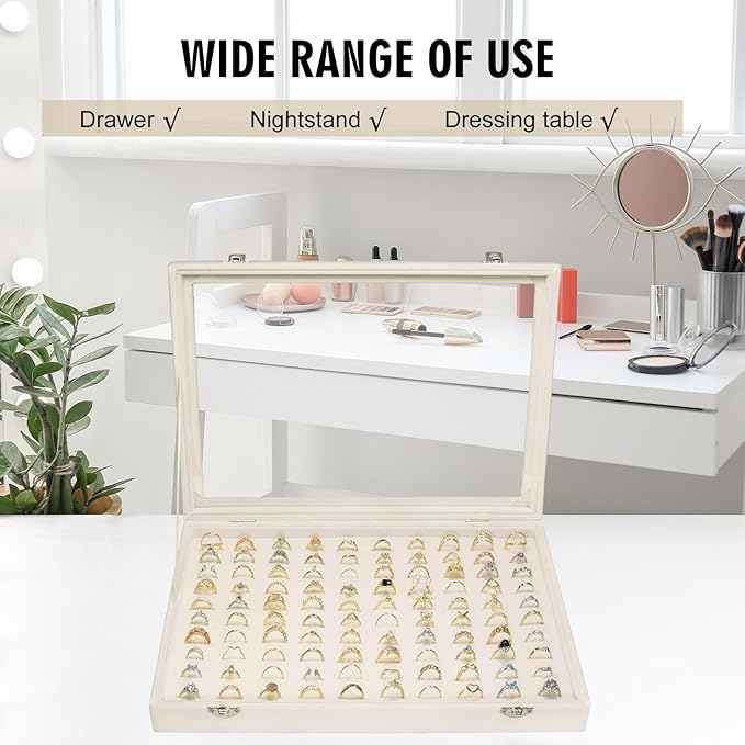 Velvet Ring Display Tray Organizer Box with Transparent Lid, 100 Slot Ring Holder Showcase For Store Display Jewelry Show Home, Ring Organizer For Rings Earrings (Beige)