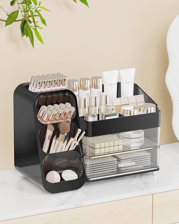 Makeup Organizer with Drawers, Skincare Organizer (Large Size Thick), Storage Box Cosmetic Display Cases, Make up Organizers for Vanity, Dresser, Desk, Kitchen, Countertop (black)