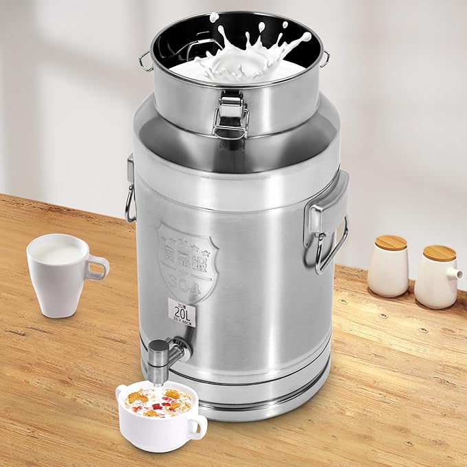 Milk Can Barrel Stainless Steel Beverage Drink Dispenser Large Capacity Storage Bucket Container with Faucet and Handles for Milk Coffee Wine Oil Rice Cereals Water (20L/5.28Gal)
