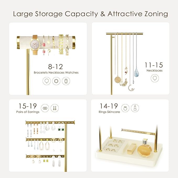 SZQINJI 5 Tier Jewelry Holder Organizer, Gold Jewelry Stand with Velvet Bracelet Holder, Adjustable Height Jewelry Display for Necklaces, Bracelets, Earrings, Rings, Gift Idea for Women, Beige