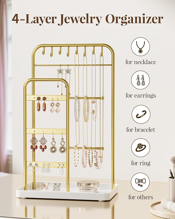 pickpiff Jewelry Holder Stand: Jewelry Display for Necklace, Bracelet, Earring, Ring, White & Gold