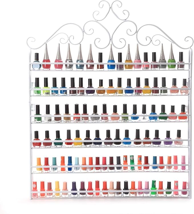 DAZONE Nail Polish Holder - 6 Tier Metal Rack, Wall Mount Organizer Holds 120 Bottles, White Shelf