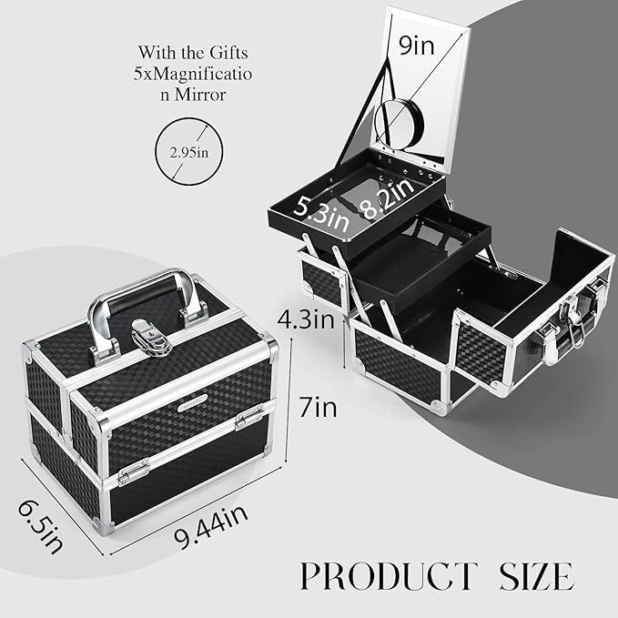 Joligrace Makeup Box Cosmetic Train Case Portable Makeup Organizer Case with Mirror 2 Tray Make up Storage Case for Nail Teach Craft Sewing Travel Vanity Modern Style Black