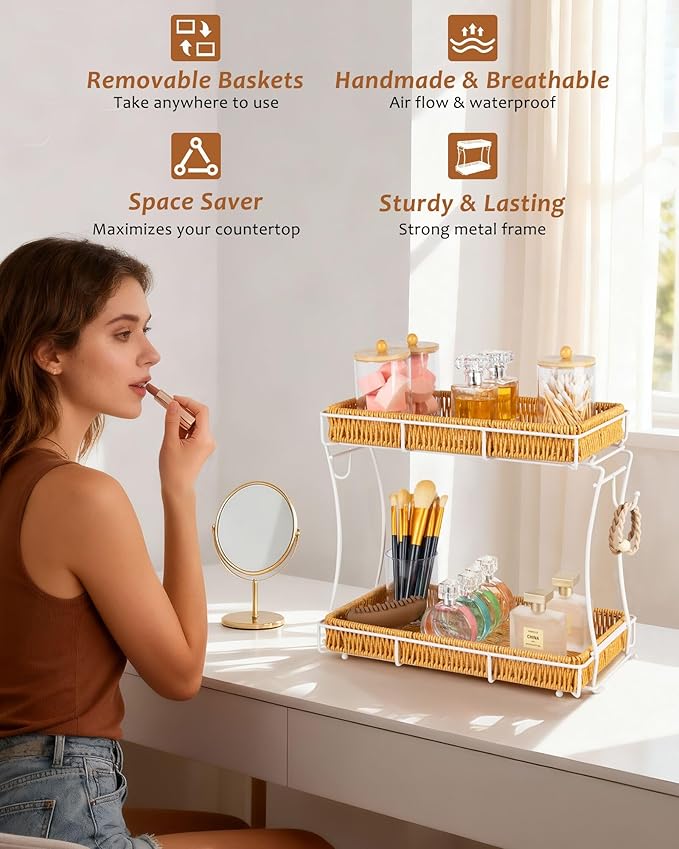 Bathroom Organizer Countertop Perfume Organizer Makeup Organizer Cosmetics Storage Display Rack Vanity Tray, Handwoven Imitation Rattan Tray Perfume Holder for Dresser, Kitchen, Counter (White)