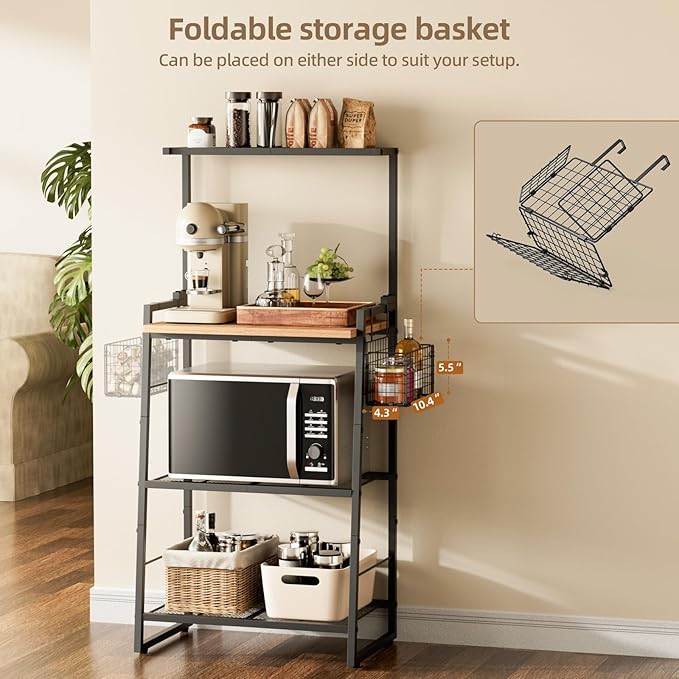 Bakers Rack with Foldable Basket, Large 4 Tiers Coffee Bar Station, Kitchen Microwave Stand with Storage, Metal Shelf Rack for Living Room, Office, Garage (Rustic Brown)