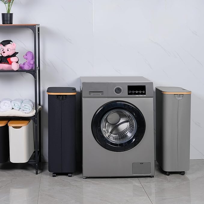 75L Slim Laundry Hamper with Wheels,Clothes Hamper for Laundry,Laundry Basket with Lid & Inner Bag,for Laundry Room, Bedroom, Dormitory Organization,Grey