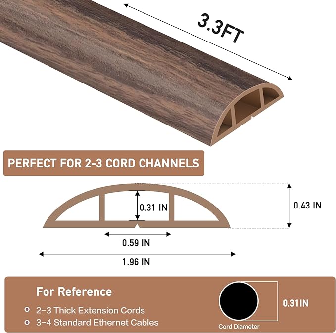 Floor Cord Cover Self Adhesive Cord Hider Floor Extension Cord Covers for Floor Power Cord Protector Cable Management Prevent Cable Trips Cable Cavity 0.59" W x 0.31" H (Smoked Brown Wood, 3.3Ft)