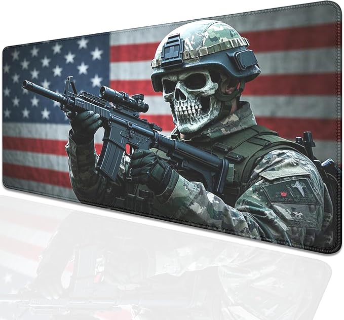 America Skeleton Warrior Mouse Pad,US Flag Soldier XL Mousepad Desk Pad with Stitched Edges,Non-Slip Waterproof Rubber Base Mouse Mat Desk Mat for Office Computer Keyboard Laptop Home(27.5x11.8 in)