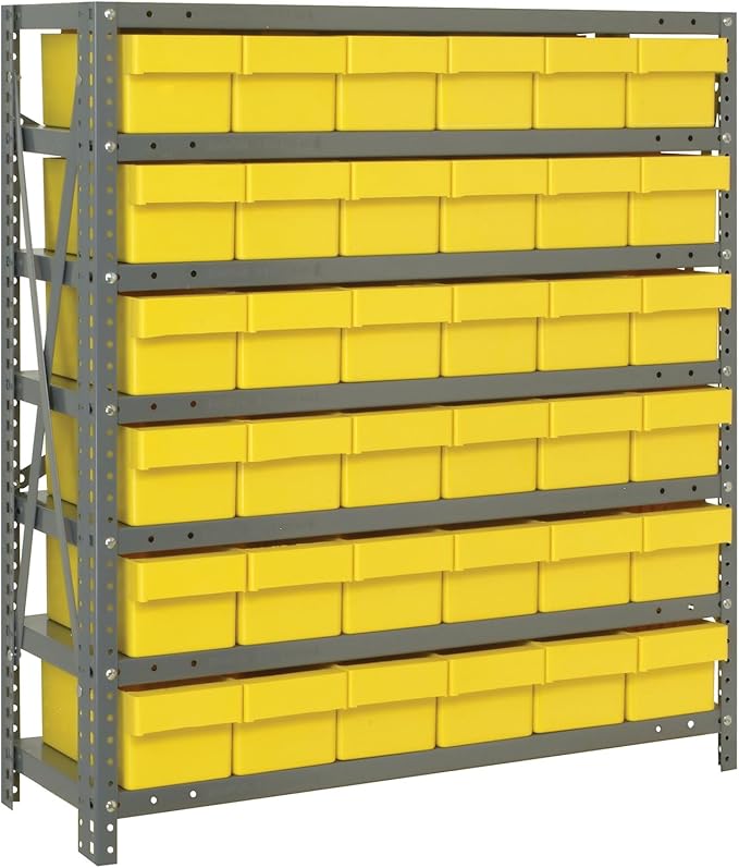 Quantum 1239-601YL Heavy Duty Shelving Unit with (7) Shelve and (36) Yellow Bins (QED601) for Garage Warehouse Storage Distribution | 400 lb Load Capacity | 12"D x 36"L x 39"H, Galvanized Carbon Steel