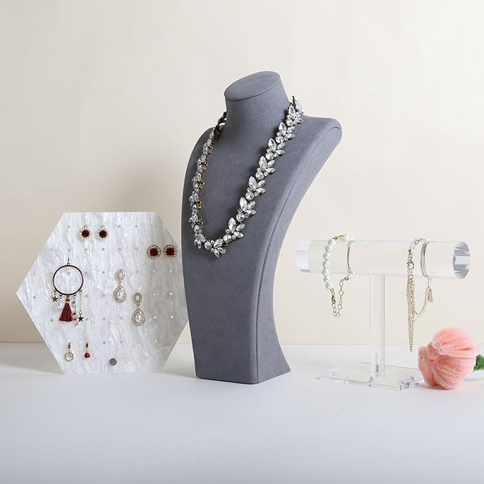 GemeShou Grey necklace storage organizer for sale, Velvet necklace holder stand, jewelry bust display stands, Jewelry Mannequin for Countertop, Showcase【Grey-Large height 12.4 inch】