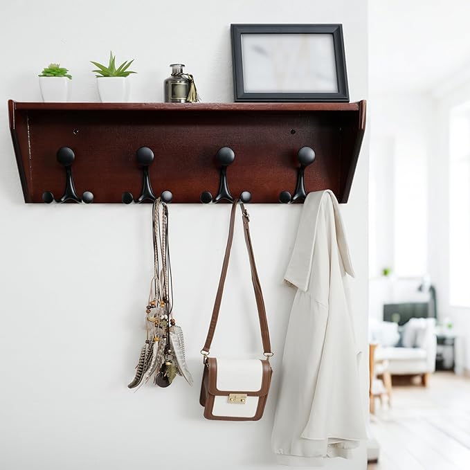 WEBI Wall Shelf with Hooks Underneath,24” Long Wall Mounted Coat Rack with Shelf,Entryway Coat Rack with 4 Triple Hooks for Hanging Coats,Jacket,Hallway,Bedroom,Mudroom,Cherry