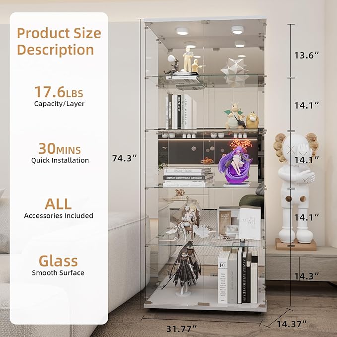 Beauty4U Glass Display Cabinet with LED Lights and Mirror, 5 Shelves with 2 Doors, Curio Cabinets for Living Room, Bedroom, Office, White Floor Standing Glass Bookshelf, Quick Installation