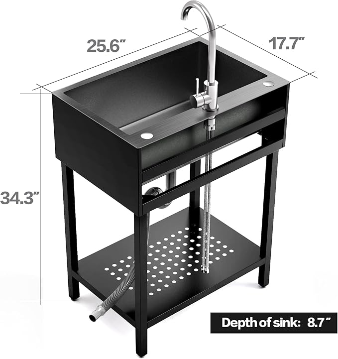26" Freestanding Stainless Steel Utility Sink, Single Bowl Kitchen Sinks w/Storage Shelve, Black Heavy Duty Sinks with Cold & Hot Water Pipe for Commercial Laundry Room Farmhouse, 12-Gallon Basin