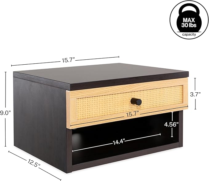 JONATHAN Y NST2000A Celerie 15.71" Mid-Century Modern Floating Wall Mounted Nightstand with Soft-Close Rattan Drawer and Cable Hole, Black/Light Oak