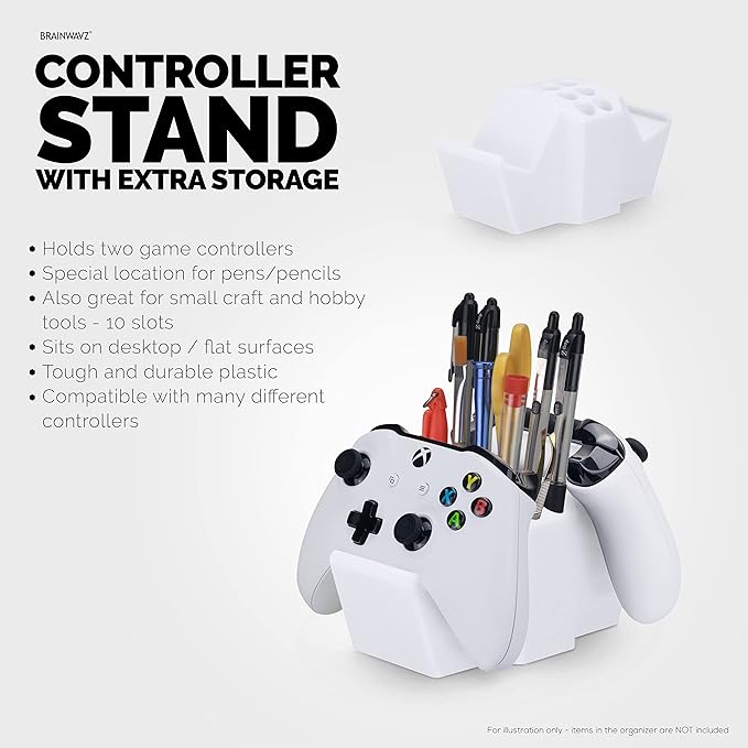 Game Controller Holder & Desktop Pen Organizer Stand With Ten Slots for Pens, Pencils, Stationery, Craft Tools & More - Universal Design for PS5 XBOX SERIES X ONE PS4 SWITCH PC Gamepads - D05 - White