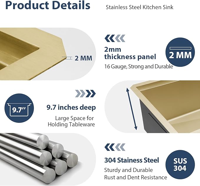 Lordear Gold Undermount Kitchen Sink 33" x 19" Stainless Steel Sinks 16 Gauge Single Bowl Ledge Workstation Handmade Under Counter Kitchen Sink Basin with Built-In Accessories
