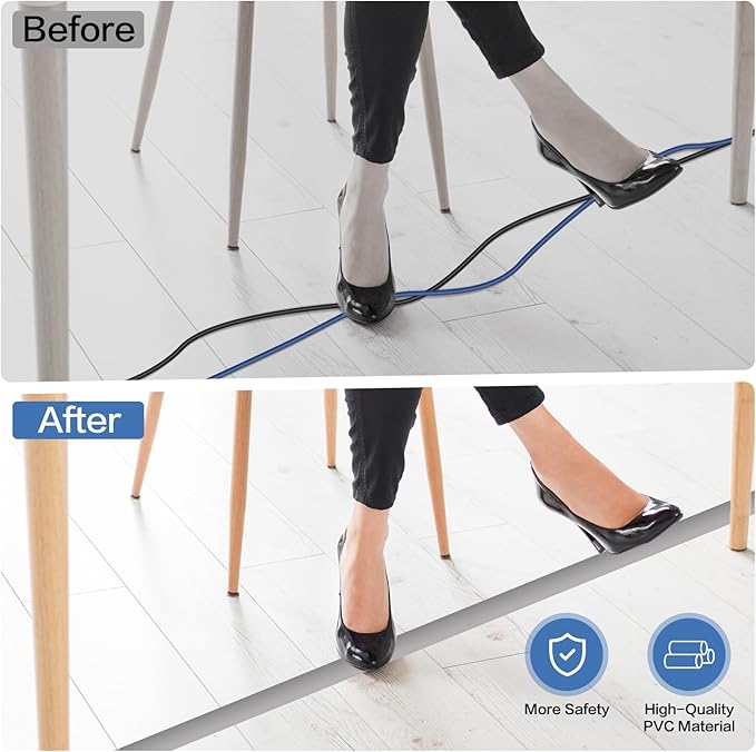Floor Cord Cover Self Adhesive Cord Hider Floor Extension Cord Covers for Floor Power Cord Protector Cable Management Prevent Cable Trips Cable Cavity 0.47" W x 0.27" H (Grey, 3.3Ft)
