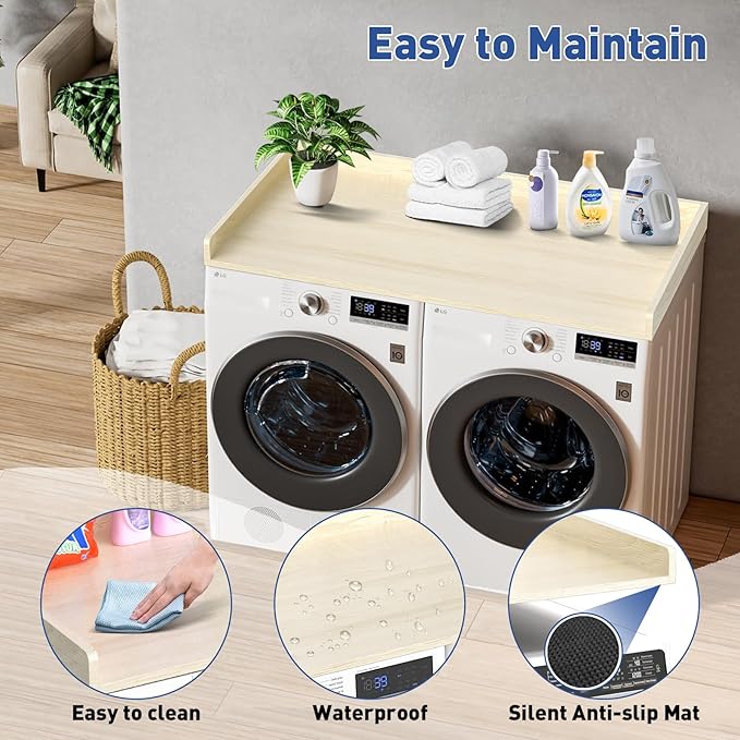 Washer Dryer Countertop: 27.5" x 54" Laundry Topper for Washer and Dryer - Non-Slip Washer and Dryer Countertop with Safety Edge - Laundry Room Organization (Wood)