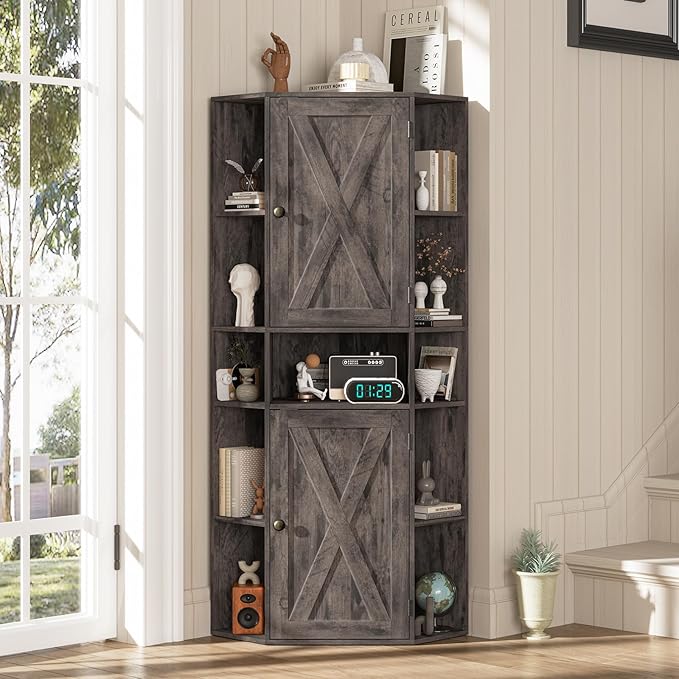 Farmhouse Corner Cabinet, Tall Corner Storage Cabinet with Barn Doors and Adjustable Shelves Wooden Display Bookshelf Pantry Cabinets Organizer Home Furniture for Bathroom, Living Room
