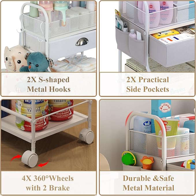 Baby Diaper Caddy Cart Organizer -3 Tier, Bedside Nursery Essentials Cart & Storage Holder for Newborn Baby Stuff, 2+1 Dividers, 1 Drawer,Rolling Utility Cart for Bedroom,Changing Table, Crib.