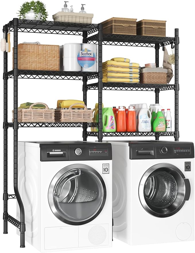U15 Over Washer and Dryer Storage Shelves, Laundry Above Washer Dryer Storage Rack Space Saver, 6-Tier Wire Shelf with 4 Hooks for Organization, 63.4"W x 17.3"D x 76.4"H, Holds 568lbs, Black