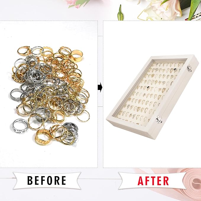 Velvet Ring Display Tray Organizer Box with Transparent Lid, 100 Slot Ring Holder Showcase For Store Display Jewelry Show Home, Ring Organizer For Rings Earrings (Beige)
