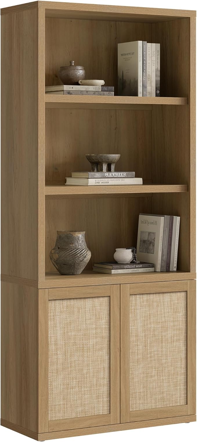 SICOTAS 70.5" Tall Bookshelf - Rattan 5-Tier Bookcase with Doors, Boho Farmhouse Book Shelf Case with Storage Cabinet, Large Bookshelves for Living Room Home Office(Amber Oak, 1 Piece)