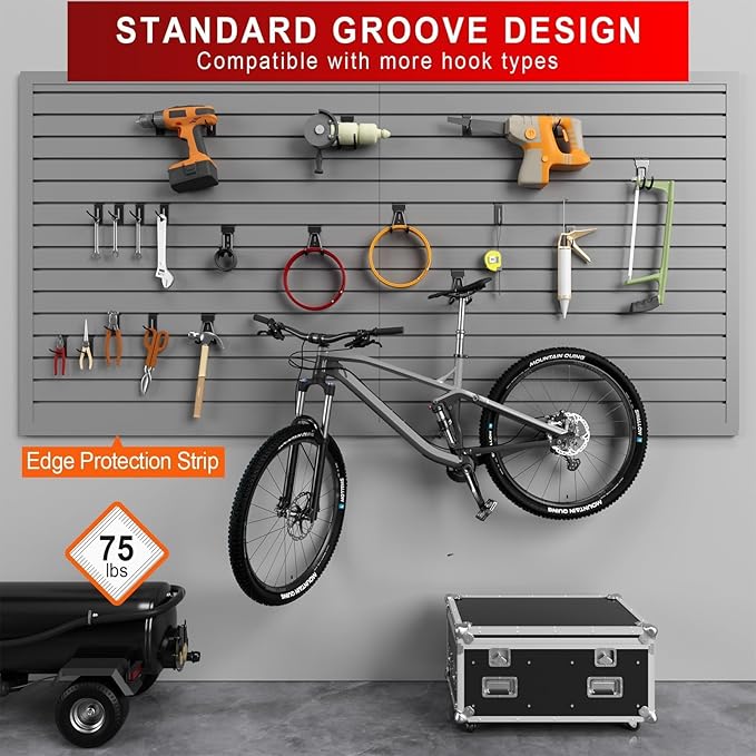 4'H x 8'W Slatwall Panel Garage Wall Organizer with 14 Hooks, Heavy Duty Slat Wall Paneling Sheets, Interlocking PVC Panels, Garage Slatwall for Tool Organization Mounted Storage Systems