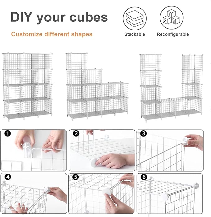 12-Cube Storage Organizer, Metal Wire Cube Shelving Unit, 11.8" L x 11.8" W x 11.8" H, Modular Grid Bookshelf for Closet, Bedroom, Office, Black ATTJL12B