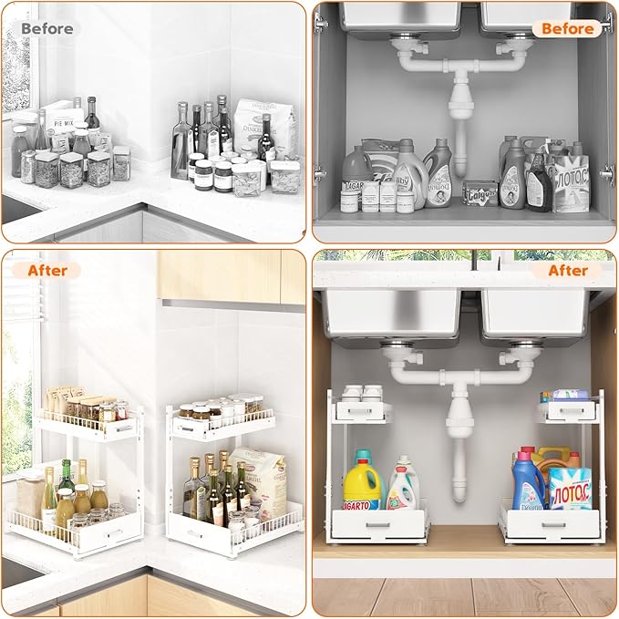 2 Tier Slide Out Kitchen Cabinet Organizers with Pulley, Under Sink Organizer, Under Bathroom Sink Pull Out Organizer with Multiple Height Adjustments for Kitchen and Bathroom Cabinets-White