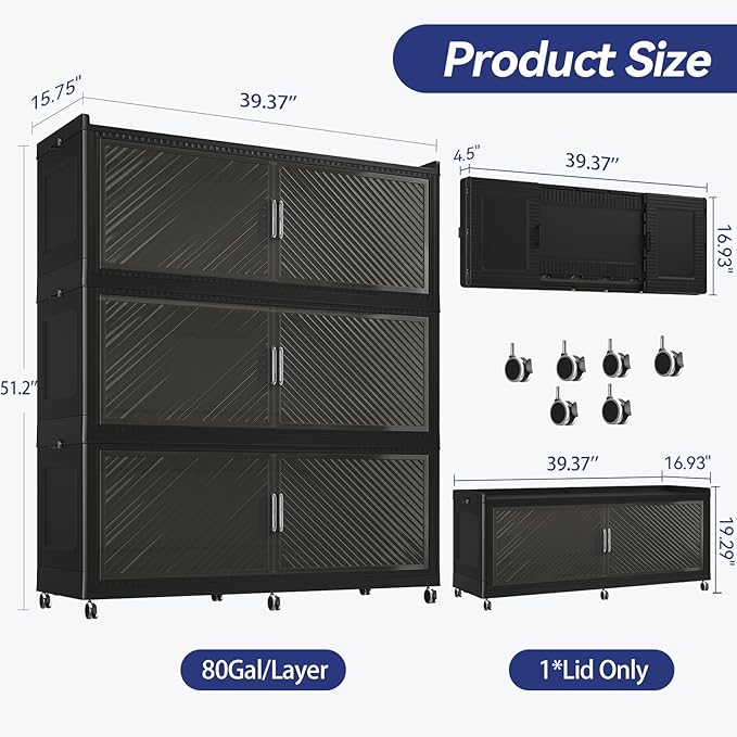 240 Gallon Extra Large Collapsible Storage Bin with Lid, 960QT Stackable Plastic Organizer with 6x Wheels, Foldable Drawer Cabinet for Closet, Living Room Office, Kitchen 3Pack, Black