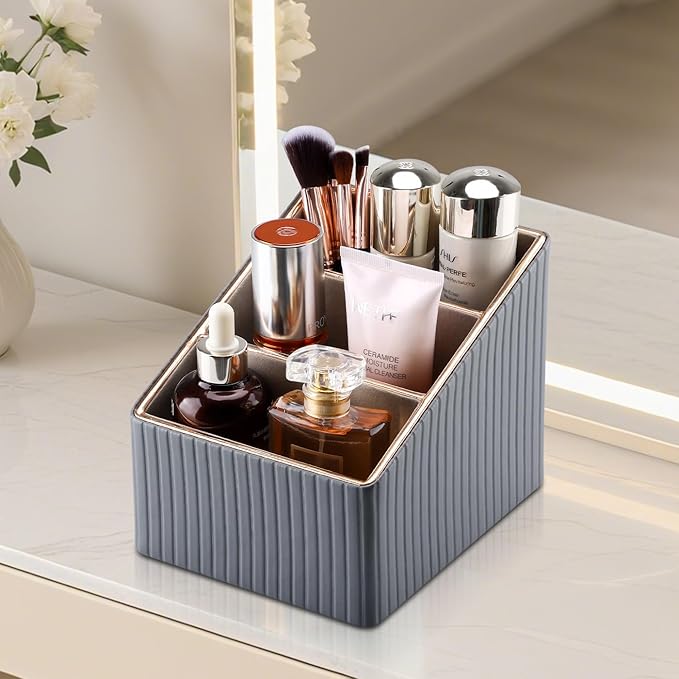 KINGFOM 3 Slot PU Leather Remote Controller Holder, Home Sundries Storage Box, TV Guide/Mail/CD Organizer/Caddy/Holder with Free Cable Desk Organizer (Grey)